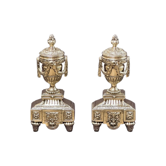 19th-Century Regency Brass Andirons with Garland Decoration, Pair, c. 1830