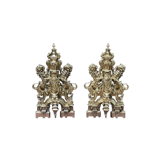 Pair of 19th Century Lion Andirons with Central Shields, c. 1870