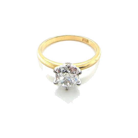 18ct Yellow and White Gold 1.4ct Cushion-Cut Diamond Solitaire Ring, E SI1, Six-Claw Coronet Setting