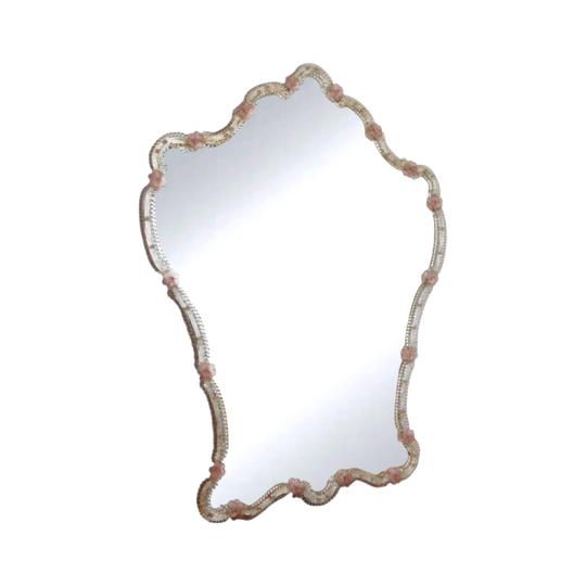 c.1950 Italian Murano Venetian Glass Floral Wall Mirror with Scalloped Border and Pink Flowers