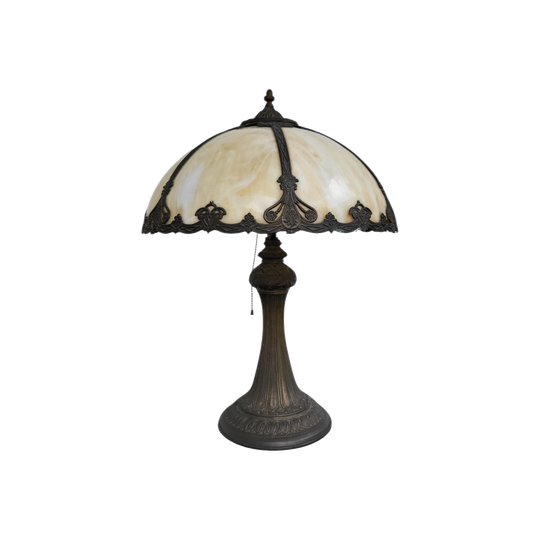 Art Nouveau Slag Glass Table Lamp, Early 20th Century, Cream Dome Shade, Cast Metal Base, Original Pull-Chain