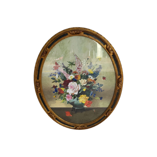 Antique Oil on Board Floral Still Life in Original Gilt Gesso Oval Frame (c. 1900–1930s)