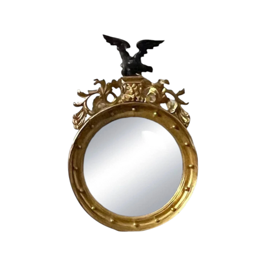 Antique English Georgian Regency Gilt Convex Wall Mirror with Ebonised Eagle Crest, Early 1800s
