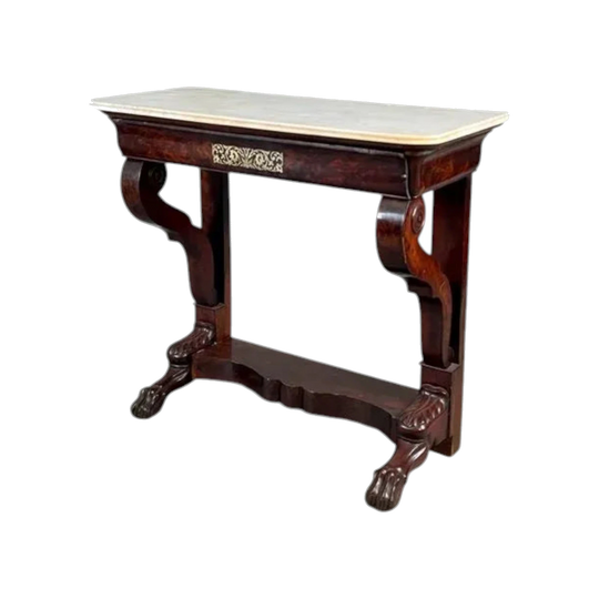 Antique French Restauration Period Mahogany Console / Hall Table with White Reeded-Edge Marble Top and Boulle-Manner Brass Inlay, 1820–1829