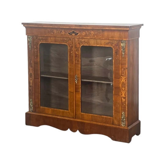 Antique English Victorian Inlaid Walnut Two-Door Glazed Display or Side Cabinet, 1870s