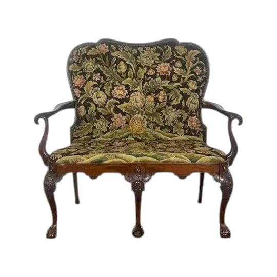 Antique English Georgian Revival Mahogany Settee, 1920s, French-Polished with Tapestry Upholstery and Ball-and-Claw Feet