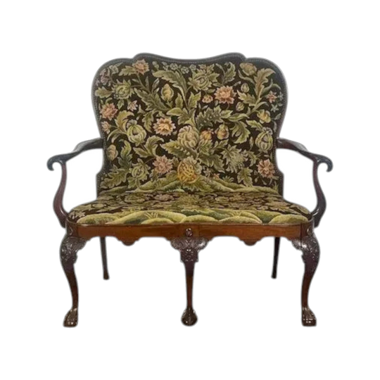 Antique English Georgian Revival Mahogany Settee, 1920s, French-Polished with Tapestry Upholstery and Ball-and-Claw Feet