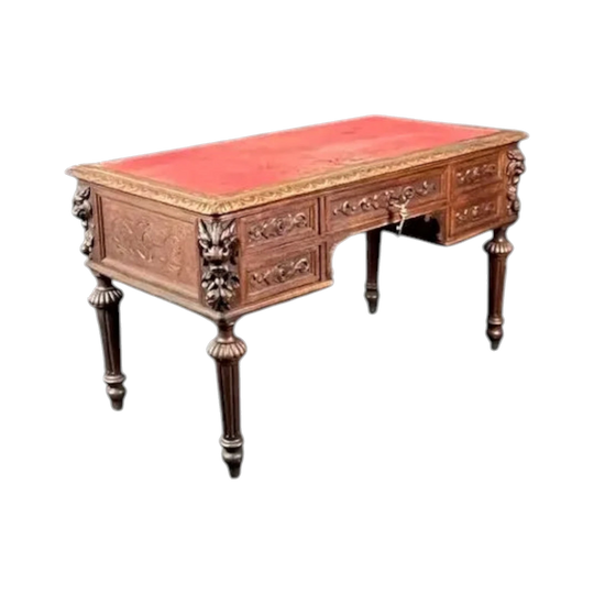 Antique French Carved Oak Semi-Pedestal Writing Desk, Henri II Gothic Revival, Late 19th Century