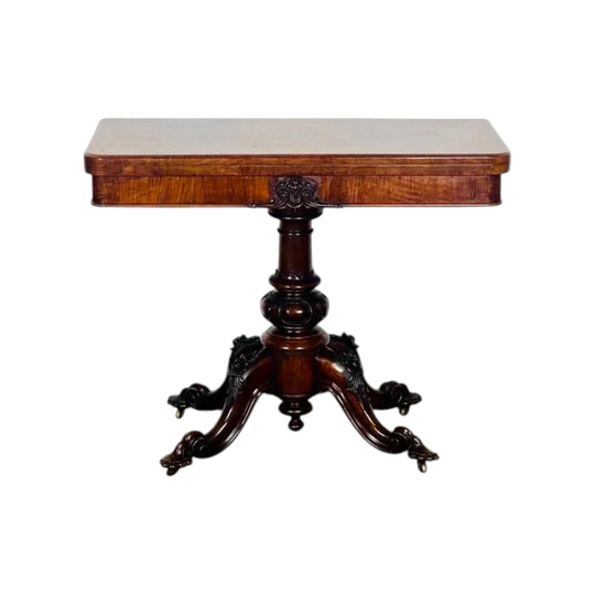 Antique English Early Victorian Walnut Card Table, c. 1845–1850, Book-Matched Burl, Baize-Lined