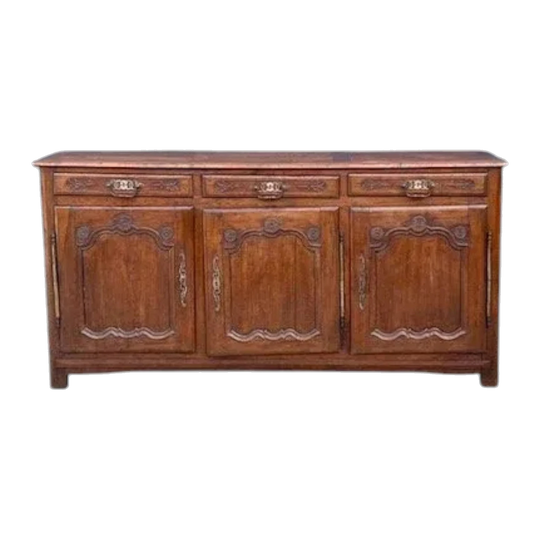 Antique 19th-Century French Solid Oak Three-Door Provincial Buffet, Panelled Top, Three Frieze Drawers