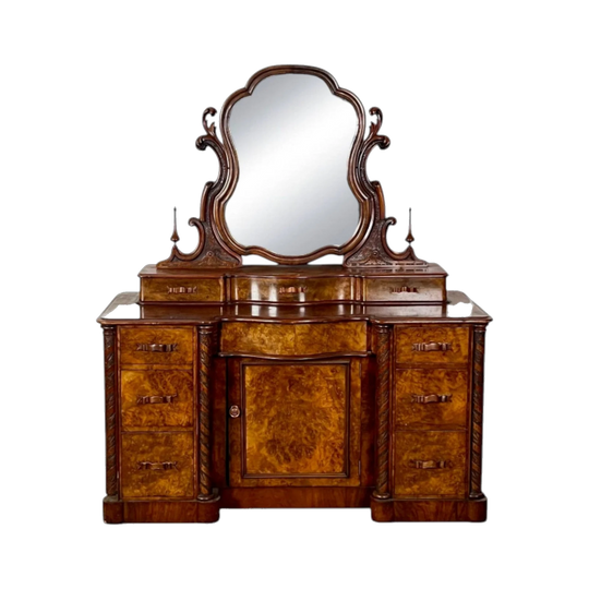 English Victorian Walnut and Walnut Burl Dressing Table with Serpentine Swing Mirror, 19th Century