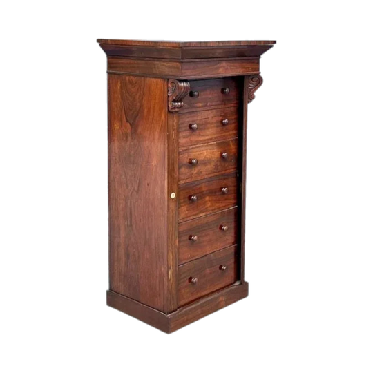 Antique English Mid-Victorian Brazilian Rosewood Wellington Chest of Drawers with Hidden Top Compartment, c.1850