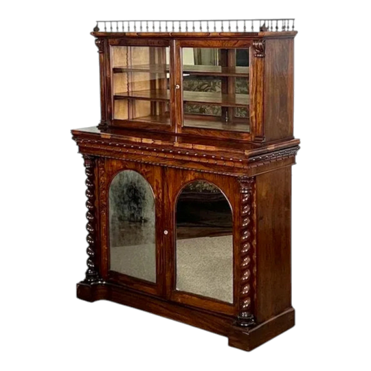 Antique English William IV Two-Tier Side Cabinet in Brazilian Rosewood, Glazed and Mirrored, 1830–1837