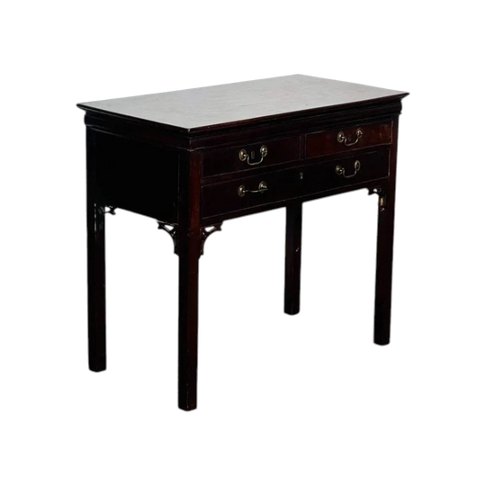 Antique English Georgian Mahogany Side Table c.1800 with Three Oak-Lined Drawers and Chinese Chippendale Brackets