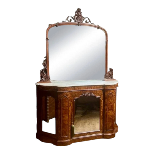 English Mid-Victorian Walnut Mirror-Back Credenza with Carrara Marble Top, c.1860