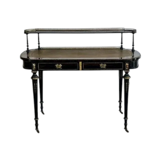 Antique French Bureau Plat Writing Table / Desk, Louis XVI Revival, Coromandel Banding, Gilt Bronze, Raised Gallery, c. 1880s