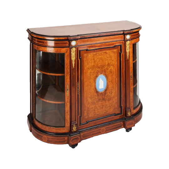 Antique Victorian Walnut and Amboyna Credenza / Side Cabinet with 'Wedgewood' Plaques and Ormolu Mounts, English, Third Quarter 19th Century