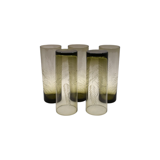 Olive green Tom Collins etched tumblers. Set of 5