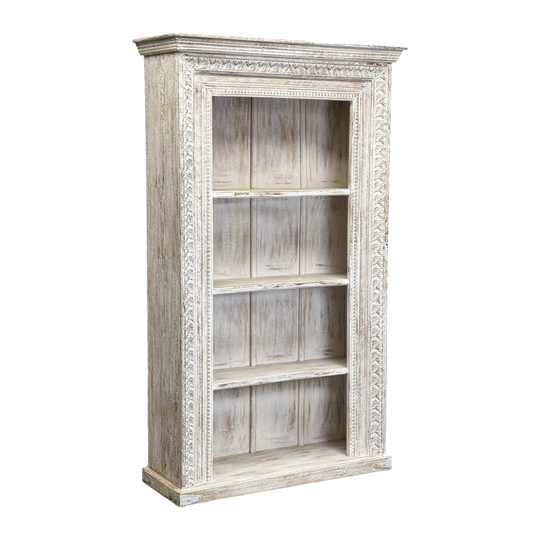 Carved Rajasthan Teak Bookcase, White-Wash Finish