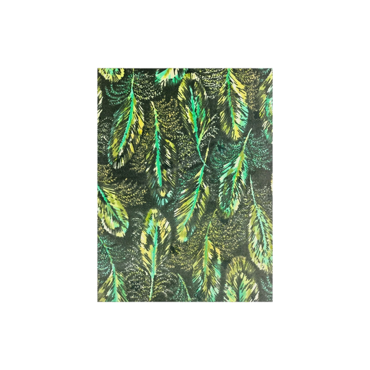 1970s Cotton Velveteen Apparel Fabric, Stylised Feather Design in Greens and Golden Hues on Black – 91 cm W x 350 cm L
