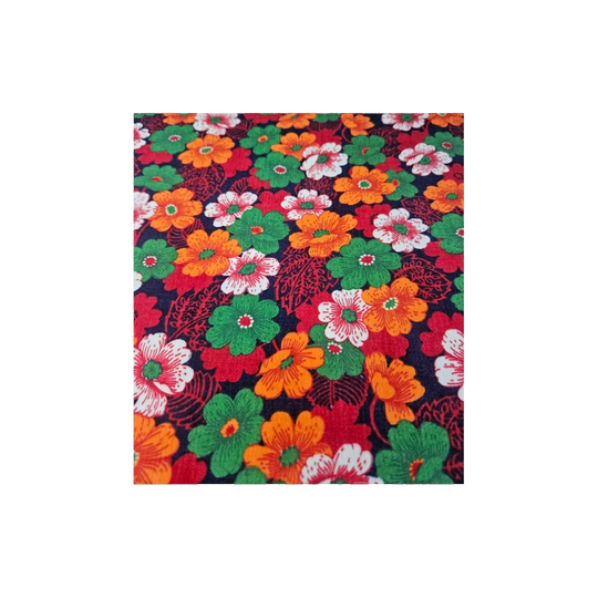 1970s Cotton Velveteen Apparel Fabric – Floral & Leaf Print in Cherry Red, Orange and Lime on Deep Purple, 89 cm x 242 cm