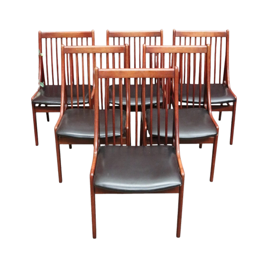 Set of Six Mid-Century Scandinavian Spindle-Back Dining Chairs, Timber with Black Faux Leather Seats, c.1960
