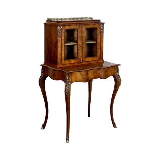Antique French Walnut Side Cabinet with Glazed Doors and Brass Gallery, Transitional Louis XV/XVI, Late 19th–Early 20th Century