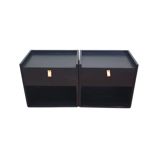 Pair of Modern Black Single-Drawer Bedside Tables with Open Shelf and Faux Leather Pull Handles