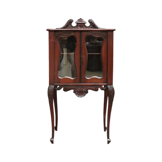 Antique English Mahogany Hall Cabinet, c. 1920 – Glass Doors, Carved Detail, with Key