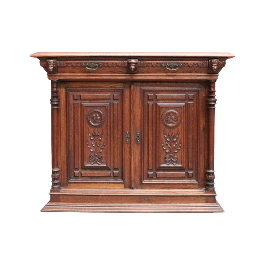 Antique French Oak Cabinet, Two Doors and Two Drawers, Carved Floral Panels, Original Key, c. 1880, France