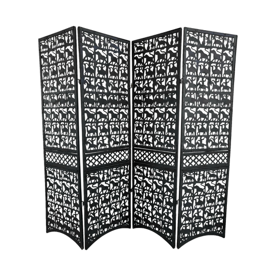 Four-Panel Wrought Iron Room Divider with Hand-Cut Animal Motifs, c. Early 20th Century