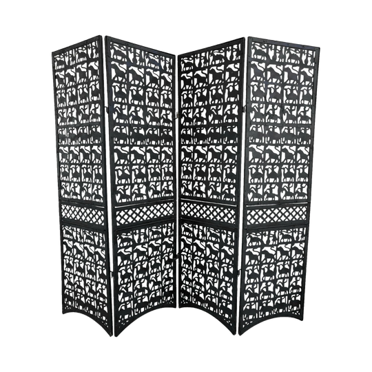 Four-Panel Wrought Iron Room Divider with Hand-Cut Animal Motifs, c. Early 20th Century