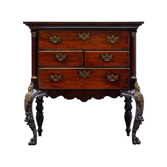 Irish George III Mahogany Chest of Drawers on Cabriole Legs with Marquetry Top and Ormolu Caryatids, 19th Century