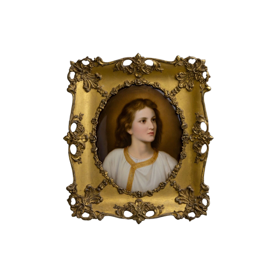 Late 19th Century Hand-Painted Porcelain Portrait of Jesus Christ, after Heinrich Hofmann, Signed ‘Wagner’, in Original Gilt Timber Frame