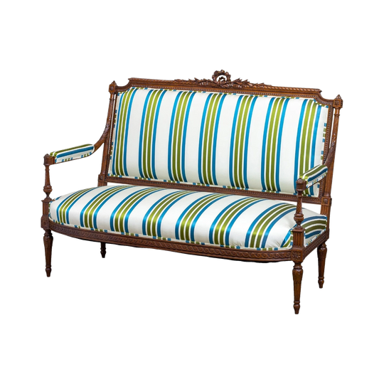 18th-Century French Louis XVI Carved Walnut Settee, Reupholstered