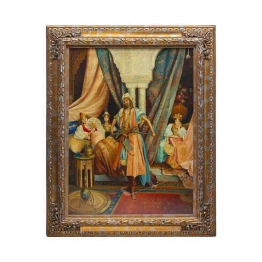Large Orientalist Oil on Canvas, Turkish Prince in a Harem, Late 19th Century, Signed