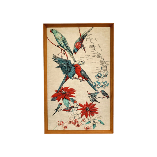 Mid-Century Framed Padded Textile Art – Australian Birds, Flora & Queensland Map; Inscribed George Bourchier, Nambour (1960s–70s)