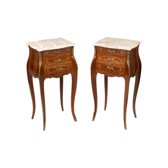Pair of Vintage French Louis XV-Style Bedside Tables with Marble Tops and Gilt Bronze Mounts