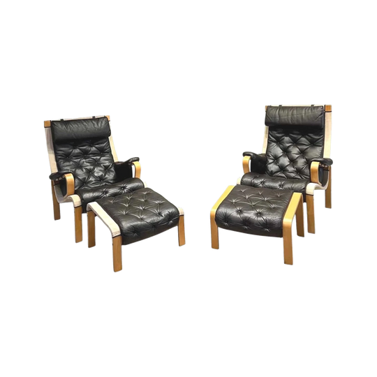 Vintage Danish Highback Lounge Chairs and Footstools
