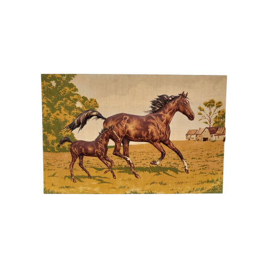 Mid-Century Padded Textile Art Panel – Mare and Foal in Motion (c. 1960s–70s)