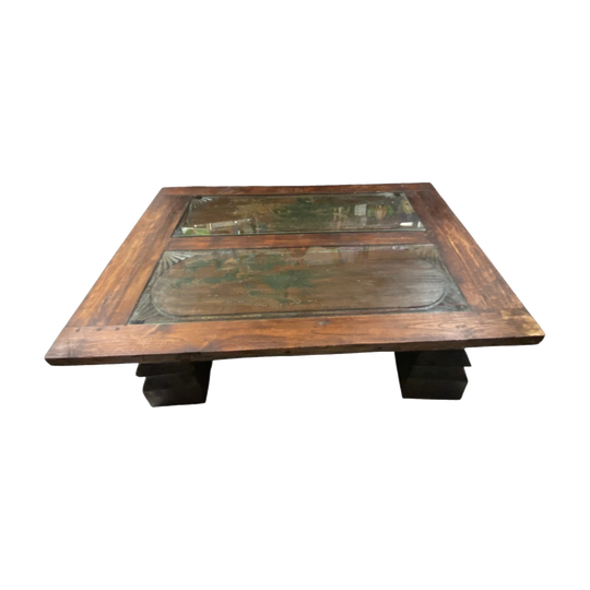 Large Solid Wood Coffee Table with Glass Panes