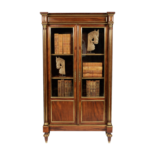 19th Century French Second Empire Brass-Inlaid Mahogany Two-Door Glazed Bookcase, Small Proportion, c. 1890
