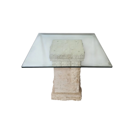 Vintage Fossil Stone Pedestal Side Table with Bevelled Square Glass Top