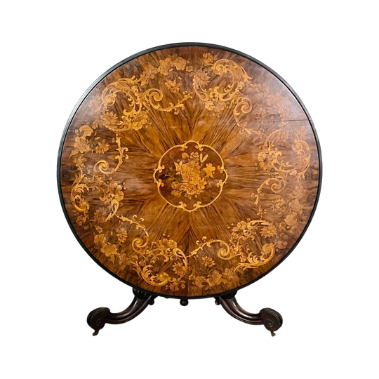 Antique English Victorian Inlaid Walnut Circular Tilt-Top Centre Pedestal Table with Tri-Form Legs, c.1855