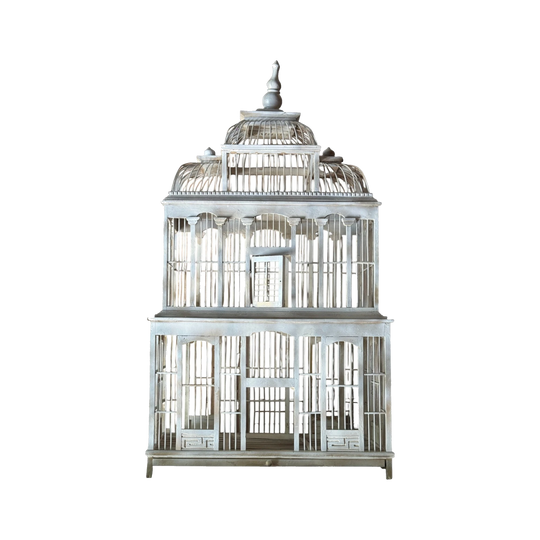 Vintage Grey-Painted Timber Birdcage with Tiered Domes and Arched Panels