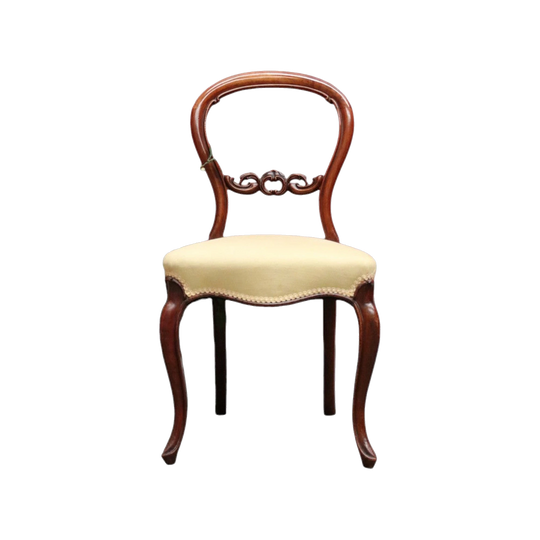 Antique English Mahogany Balloon-Back Chair with Butter-Yellow Upholstery, c. 1870