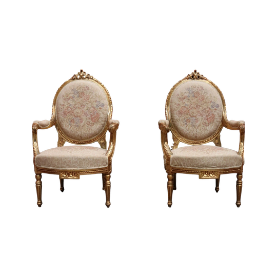 Pair of Vintage French Giltwood Armchairs with Medallion Backs and Floral Tapestry Seats