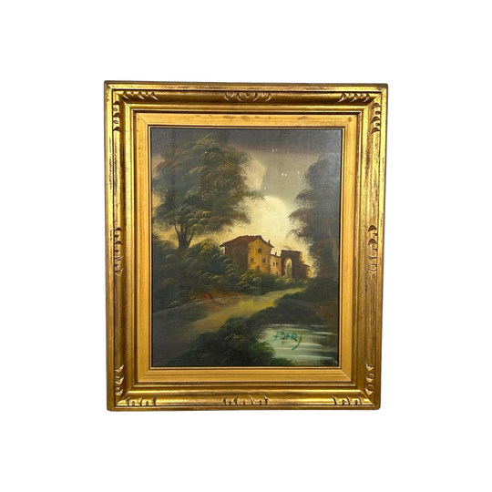 Mid-Century Oil Painting — Villa in European Landscape, Signed “Barj”, Original Gold-Painted Timber Frame, 69 x 58 cm