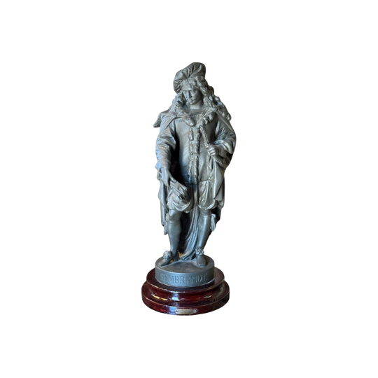Vintage Spelter Sculpture of Rembrandt on Turned Timber Base, Aged Bronze Patina