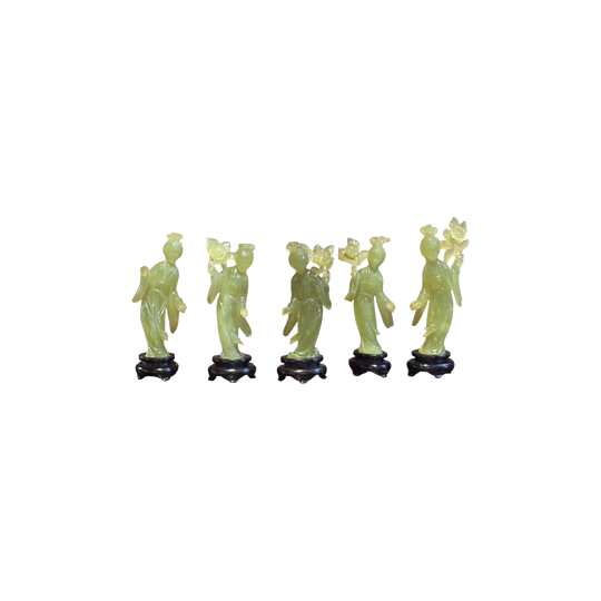 Set of 5 Vintage Chinese Carved Green Stone Courtesan Figures on Carved Wooden Stands